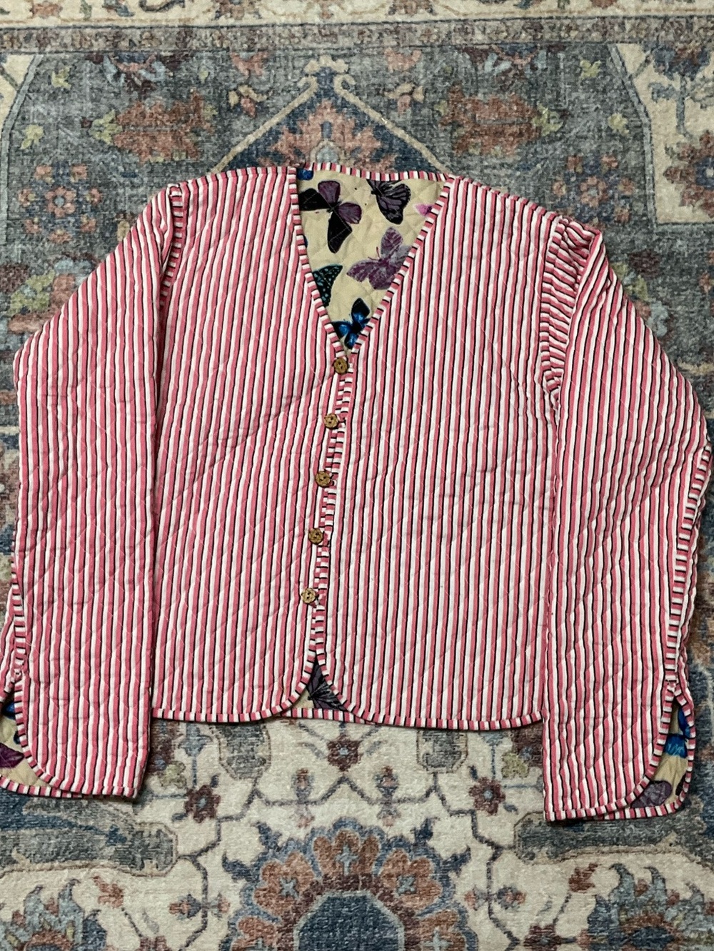 Quilted Striped Button-Front Blazer Jacket - Pink/White Double size